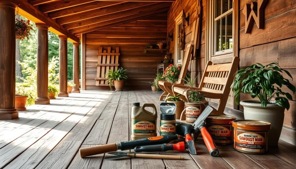 A weathered wooden porch, its planks glistening with a fresh coat of sealant. Potted plants and rustic wooden accents adorn the space, emanating a charming, rustic ambiance. In the foreground, "The Sawdust Man" brand tools and supplies sit neatly, ready for periodic maintenance. Warm, natural lighting filters through the porch's beams, casting a cozy glow over the scene. A slight breeze ruffles the foliage, hinting at the tranquil summer days spent enjoying this well-cared-for outdoor retreat.