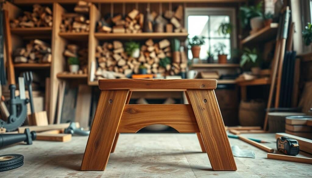 A well-crafted DIY wooden step stool in a cozy workshop setting, prominently displayed in the foreground. The stool, made from rich, warm-hued hardwood, features a rustic design with visible grain patterns and handcrafted joints. In the middle, surrounded by various woodworking tools like a saw, sandpaper, and a measuring tape, a softly glowing workbench enhances the atmosphere. The background includes shelves filled with neatly organized wood pieces and plants, creating an inviting workspace. Soft, natural light filters through a nearby window, casting gentle shadows and highlighting the texture of the wood. The mood is warm and creative, inspiring a sense of accomplishment and the joy of woodworking. The angle is slightly overhead to capture both the stool and the workspace effectively.