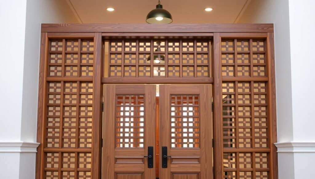 A well-crafted and inviting entryway divider, featuring a sturdy wooden frame with delicate latticework panels. The design seamlessly blends traditional and modern elements, creating a captivating focal point that subtly separates spaces while maintaining an open, airy feel. Soft, diffused lighting from overhead fixtures casts a warm, welcoming glow, accentuating the natural wood tones and casting gentle shadows that add depth and visual interest. The entryway is framed by a neutral, minimalist backdrop, allowing the divider to take center stage and serve as a refined, functional piece that enhances the overall flow and ambiance of the space.