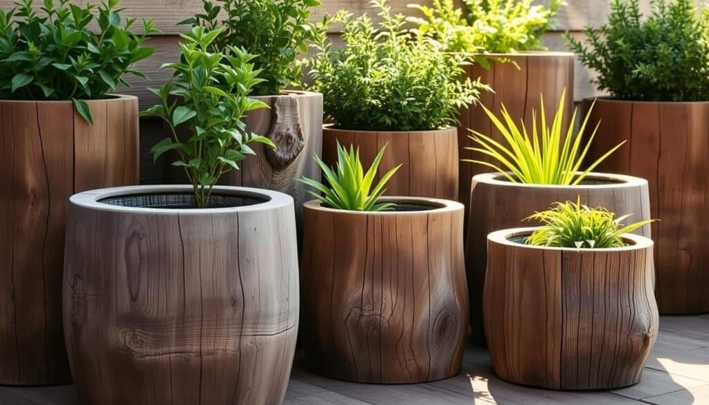 A well-crafted arrangement of rustic wooden planters, each with a distinct grain and weathered texture. The planters are positioned in a natural, organic manner, with various sizes and shapes creating visual interest. The scene is bathed in warm, soft lighting that casts gentle shadows, highlighting the intricate details of the wood. The planters are filled with lush, vibrant greenery, adding a touch of life and vitality to the overall composition. The image conveys a sense of simplicity, natural beauty, and a harmonious integration of nature and craftsmanship, perfect for illustrating the "Wooden Planters to Add Greenery to Your Patio" section.