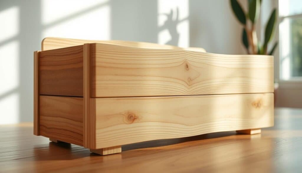 A well-crafted, functional wooden home decor piece, meticulously handmade with care and attention to detail. Warm, natural wood tones, smooth sanded surfaces, and thoughtful design elements create a harmonious, inviting aesthetic. The piece is showcased in a bright, airy space, with soft, diffused lighting accentuating the texture and grain of the wood. The composition highlights the object's utilitarian purpose, blending seamlessly into a minimalist, rustic-inspired interior. Shadows and reflections add depth and dimension, capturing the craftsmanship and the pride of the DIY creator.