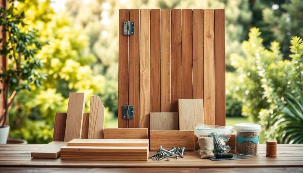 A well-crafted, high-quality image showcasing various wood privacy screen materials for a DIY backyard project. The foreground features a selection of wood planks, slats, and panels in natural tones, arranged neatly to demonstrate their textures and grains. The middle ground includes hardware components like hinges, screws, and fasteners, hinting at the construction process. In the background, a soft, blurred outdoor setting with lush greenery sets the scene, evoking a serene, natural atmosphere. Warm, even lighting captures the warmth and rustic charm of the wood materials. The overall composition is visually appealing and informative, providing a comprehensive visual reference for the essential tools and materials needed to build a beautiful, custom privacy screen.