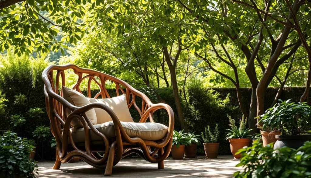 A well-crafted nature-inspired armchair in a lush, verdant setting. The chair's frame is composed of smooth, sinuous branches intertwined with delicate vines, creating an organic, symbiotic design. Cushions of earthy tones and textures nestle within the frame, inviting one to relax and immerse themselves in the serene natural surroundings. Dappled sunlight filters through the canopy of leaves above, casting a warm, gentle glow on the scene. The chair is positioned within a tranquil garden oasis, with a variety of potted plants and small shrubs arranged artfully around it. The overall atmosphere evokes a sense of harmony between nature and craftsmanship, blurring the boundaries between indoor and outdoor living.