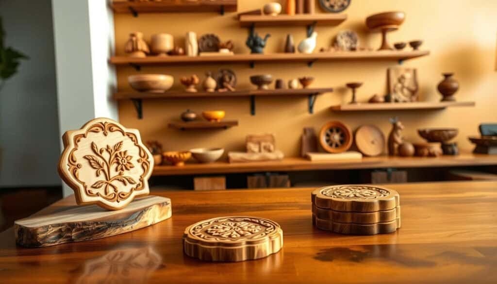 A well-crafted scene of intermediate wood carving projects for home decor, showcasing a variety of intricate wooden accents. In the foreground, a hand-carved wooden plaque with a delicate floral design sits atop a rustic wooden shelf. In the middle ground, a set of hand-carved wooden coasters with geometric patterns rest on a polished wooden table. The background features a collection of various wood-carved items, such as decorative bowls, boxes, and figurines, arranged on floating shelves against a warm, natural-toned wall. The lighting is soft and diffused, highlighting the texture and grain of the wood. The overall mood is one of craftsmanship, attention to detail, and a cozy, inviting atmosphere suitable for a modern home interior.