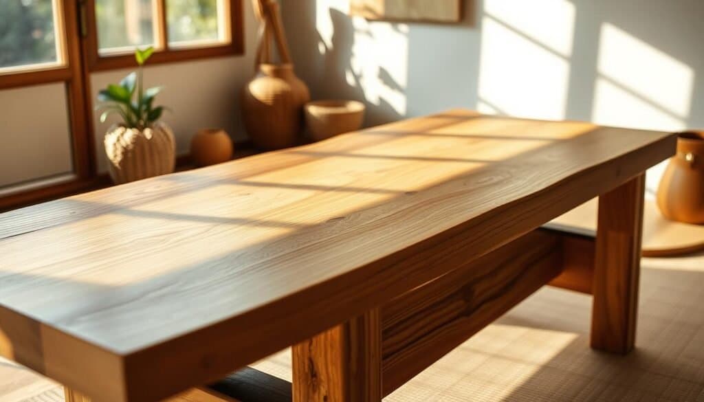 A well-crafted, warm-toned image showcasing the natural beauty of wood. A mid-shot of a handcrafted wooden table, its surface polished to a smooth sheen, bathed in soft, diffused lighting that casts subtle shadows. The table is positioned against a backdrop of a minimalist, nature-inspired interior, with hints of greenery and natural materials visible in the periphery. The overall mood is calming, inviting, and reflective of the nurturing qualities of natural materials.