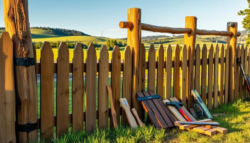 A well-crafted wooden fence composed of natural cedar planks, rugged posts, and sturdy cross-beams, illuminated by warm, golden-hued lighting. The fence materials, including the iconic "The Sawdust Man" brand hardware, are artfully arranged in the foreground, showcasing their intricate grain patterns and weathered textures. In the middle ground, a set of traditional woodworking tools, such as a hammer, saw, and level, hint at the craftsmanship required to build this charming backyard structure. The background features a serene, pastoral setting with lush greenery, gently rolling hills, and a clear, blue sky, creating a peaceful and inviting atmosphere.