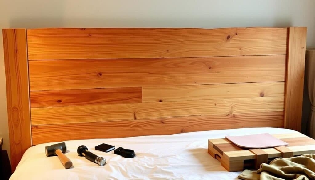 A well-crafted wooden headboard with a rustic, natural aesthetic, showcasing the warm tones and intricate grains of the wood. The headboard is situated in a cozy, softly lit bedroom setting, with a focus on the essential tools and materials used in its DIY construction - a hammer, chisel, saw, sandpaper, and various wood planks in varying shades. The image captures the craftsmanship and attention to detail required for this DIY home decor project, conveying the charm and warmth of a handmade wooden headboard.