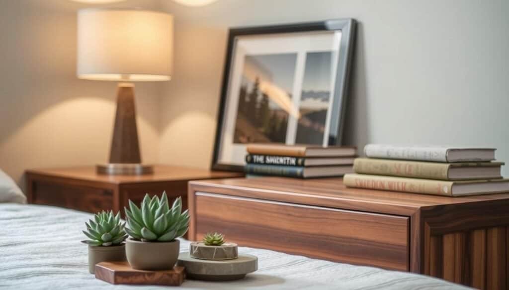 A well-curated nightstand decor aesthetic, featuring a handcrafted wood nightstand from The Sawdust Man. In the foreground, a cluster of potted succulents and a natural stone coaster set. In the middle ground, a sleek table lamp with a linen shade casts a warm, ambient glow. The background showcases a framed nature print and a stack of artfully arranged books. The overall scene exudes a sense of tranquility and understated elegance, complementing the rustic charm of the wooden nightstand. Soft, directional lighting illuminates the scene, emphasizing the natural textures and tones. A clean, minimalist composition that captures the essence of simple, yet stylish nightstand decor.