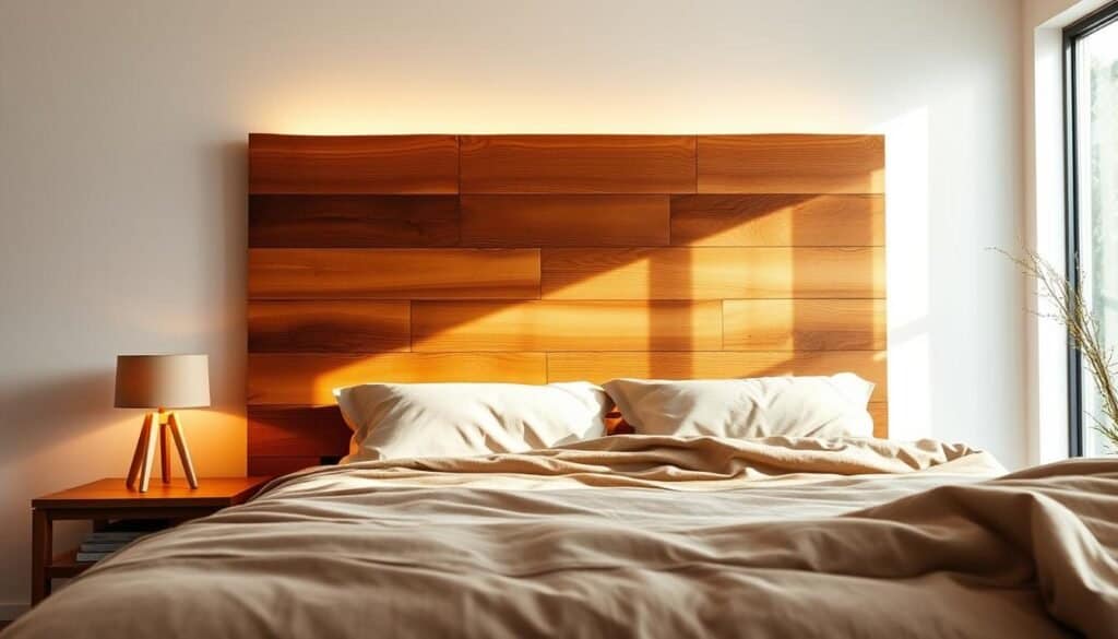 A well-lit, airy bedroom with a focal point of a modern, rustic wooden headboard. Warm, indirect lighting casts a soft glow, highlighting the natural grain and texture of the wood. In the foreground, a bedside table showcases a simple wooden lamp, casting a cozy ambiance. The middle ground features a plush, neutral-toned bedding set, complementing the wooden elements. In the background, a large window allows natural daylight to filter in, creating a serene, calming atmosphere. The overall scene conveys a sense of simplicity, comfort, and balance, perfect for promoting better sleep and focus.