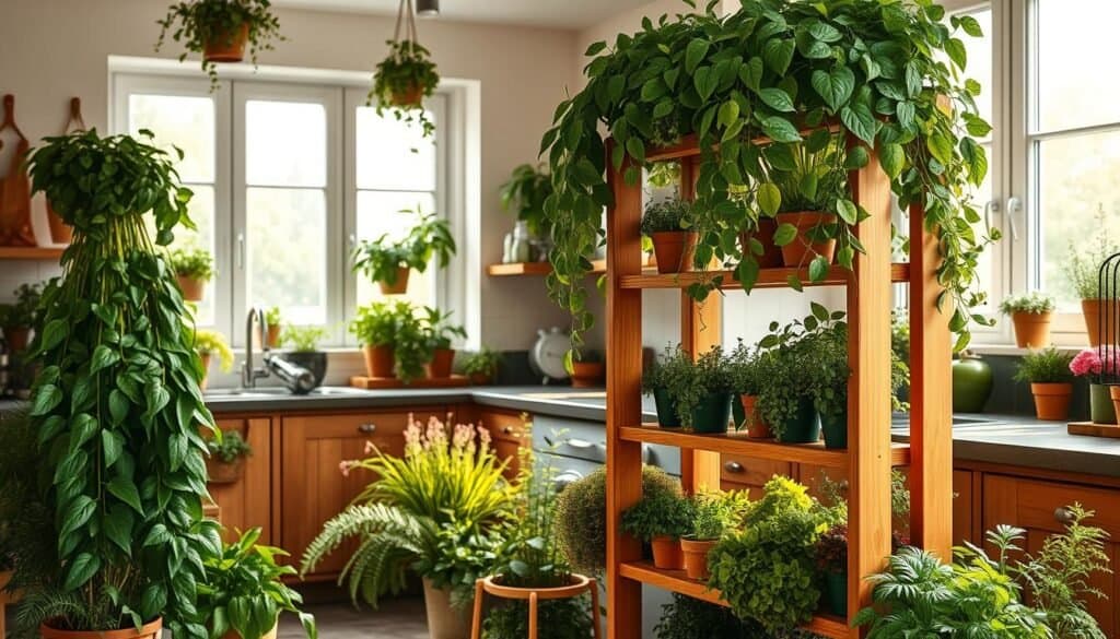 A well-lit, airy kitchen filled with lush, verdant greenery. A wooden plant stand in the foreground, its natural tones complementing the abundance of leafy plants cascading over its shelves. In the middle ground, a variety of potted herbs and flowers thrive, their vibrant colors and intricate textures drawing the eye. The background features a large window, letting in warm, diffused sunlight that casts a soft, natural glow over the entire scene. The atmosphere is serene and inviting, evoking a sense of tranquility and a connection to the natural world, even in the heart of the culinary space.