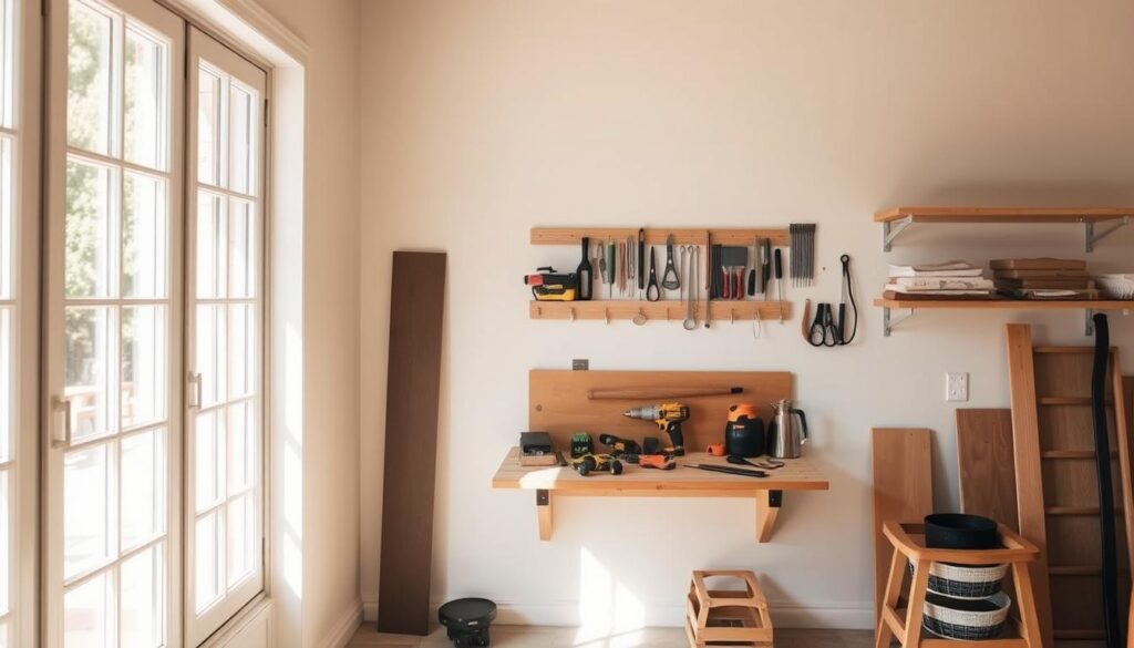 A well-lit, airy workshop with a fold-away workbench nestled against a wall. The workbench is made of sturdy wood, its surface adorned with a variety of tools neatly arranged. Soft, natural light filters through large windows, casting a warm glow over the space. The background features a clean, minimalist design, allowing the focus to remain on the functional and compact nature of the fold-away workshop. The overall atmosphere is one of efficient organization and practical utility, capturing the essence of maximizing small spaces for dedicated woodworking and DIY projects.