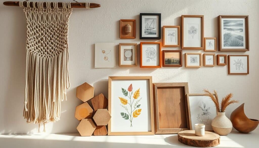 A well-lit, artfully arranged still life showcasing an array of DIY wall art pieces. In the foreground, a large, intricate macrame hanging in earthy tones cascades from a weathered wooden rod. Beside it, a set of hand-painted wooden shapes, each with a unique abstract design, are displayed on a clean white background. In the middle ground, a rustic wooden frame contains a vibrant botanical print, its colors complementing the neutral tones of the other elements. In the background, a collection of framed sketches and paintings in a variety of mediums hang on a textured off-white wall, creating a harmonious gallery-like display. Soft, natural lighting accentuates the organic, handcrafted quality of the pieces, conveying a sense of warmth and creativity.