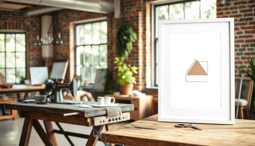 A well-lit, artisanal DIY wall art scene. In the foreground, a clean white frame showcases a minimalist, abstract geometric print on high-quality matte paper. The middle ground features a rustic wooden table with a vintage sewing machine, various craft supplies, and a pair of scissors. In the background, a natural light-filled studio space with exposed brick walls and a large window overlooking lush greenery. The overall mood is one of artistic inspiration, simplicity, and handcrafted elegance.