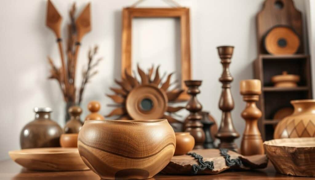 A well-lit, artistically arranged display of various wooden home decor objects. In the foreground, a delicately carved wooden vase or bowl, its natural grain and texture visible. Surrounding it, a thoughtful curation of other wooden pieces - perhaps a decorative tray, a small figurine, and a set of rustic candlesticks. The middle ground features a wooden picture frame or wall hanging, its simple elegance framing the display. In the background, a neutral, softly-lit room setting, allowing the wooden textures and tones to take center stage. The overall scene conveys a sense of warmth, craftsmanship, and a touch of personal style.