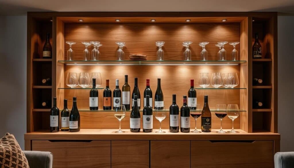 A well-lit, beautifully-crafted wooden display featuring an assortment of artisanal wine bottles and stemware, set against a backdrop of natural textures and warm, earthy tones. The display features a sleek, minimalist design with clean lines and subtle grain patterns, creating a harmonious and visually-appealing showcase for the wine collection. Soft, directional lighting highlights the rich wood tones and casts a cozy, inviting glow throughout the scene. The display is positioned in an elegant, sophisticated living space, with the wine and beverages taking center stage as the focal point.