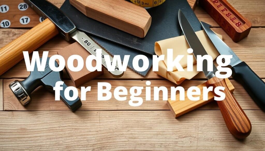 A well-lit, close-up shot of a collection of essential woodworking tools for beginners, arranged neatly on a rustic wooden surface. The tools include a hammer, a handsaw, a chisel, sandpaper, a tape measure, a woodcarving knife, and a pair of safety goggles. The tools are depicted in a clean, natural lighting, showcasing their textures and materials. The composition emphasizes the simplicity and versatility of these basic woodworking implements, conveying a sense of confidence and the joy of creating something with one's own hands.