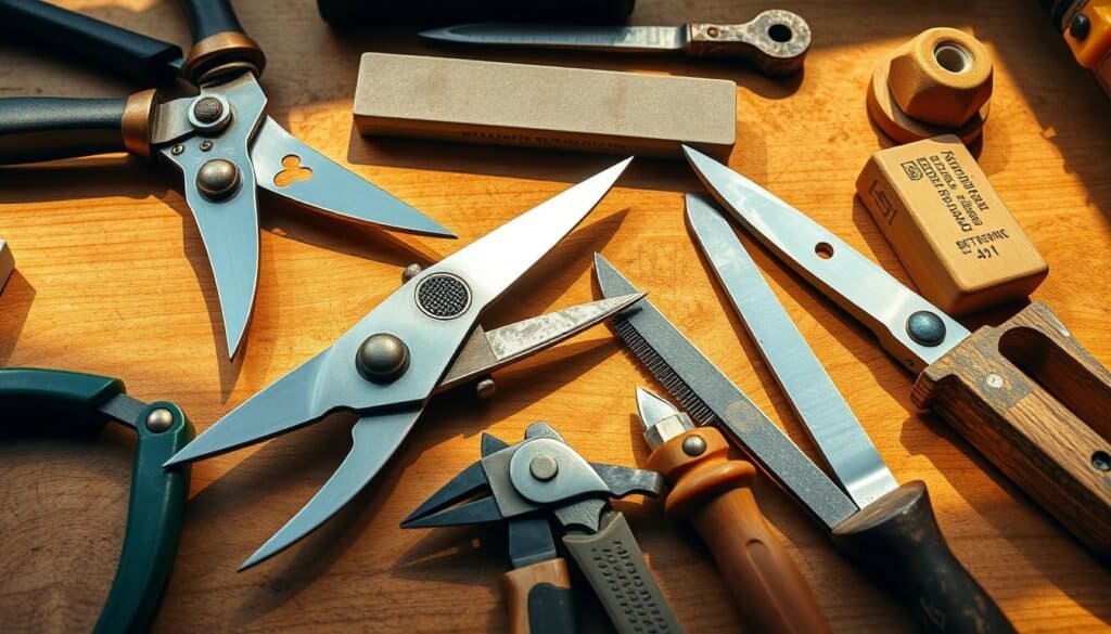A well-lit, detailed close-up image of various garden and lawn tools laid out on a wooden workbench. The tools include sharp hand-held pruning shears, secateurs, a whetstone, a file, and a sharpening stone. The tools are arranged in an organized manner, with careful attention to the textures, materials, and intricate mechanisms of each item. The lighting is warm and natural, casting soft shadows that highlight the shapes and edges of the tools. The background is a clean, uncluttered workspace, allowing the viewer to focus on the sharpening process and the quality of the tools.