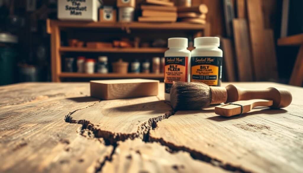 A well-lit, detailed scene showcasing essential wood crack prevention tips. In the foreground, a close-up view of a cracked wooden surface, textured and aged. In the middle ground, a set of woodworking tools including a sandpaper block, wood filler, and a small brush. The background depicts a workshop interior with shelves of wood supplies, the brand "The Sawdust Man" visible. Warm, natural lighting casts shadows and highlights the materials. The overall mood is informative and solutions-focused, guiding the viewer on maintaining healthy wood surfaces.