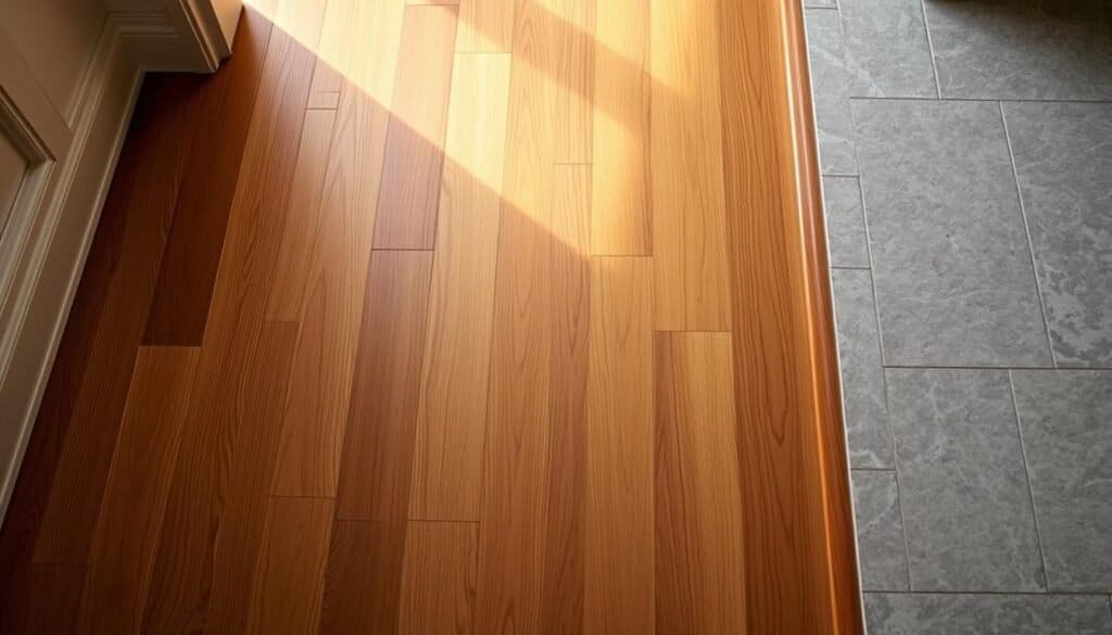 A well-lit, high-angle view of a seamless transition between hardwood flooring and an adjacent tile or stone surface. The wood boards flow gracefully into the contrasting material, creating a harmonious visual flow. Warm, natural lighting casts gentle shadows, accentuating the textures and grains. The flooring transition is the focal point, flanked by subtle architectural details like baseboards or trim. The overall scene conveys a sense of craftsmanship, attention to detail, and a cohesive, inviting entryway design.