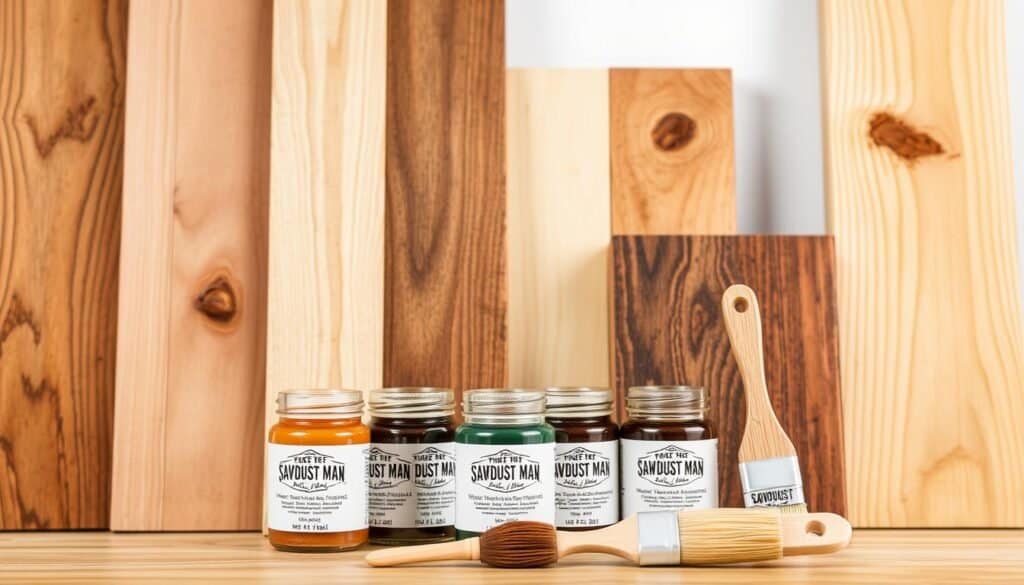 A well-lit, high-quality close-up of various wood samples, including oak, pine, and maple, displaying the natural grain and texture of the wood. In the foreground, several small jars and brushes containing different shades of water-based wood stains, with labels showcasing the brand "The Sawdust Man". The background features a clean, minimalist backdrop, allowing the focus to remain on the wood samples and the staining products. The lighting should be natural and soft, emphasizing the warmth and depth of the wood's appearance.