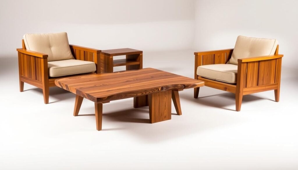 A well-lit, high-quality photograph of a collection of statement wooden furniture from "The Sawdust Man" studio, featuring a mid-century modern-inspired wooden coffee table with clean lines and a natural grain finish, paired with a pair of matching wooden armchairs with plush, neutral-toned upholstery, all set against a minimalist, neutral-colored backdrop that showcases the natural beauty and craftsmanship of the pieces, with a warm, cozy atmosphere created by carefully placed lighting that highlights the unique textures and tones of the wood.