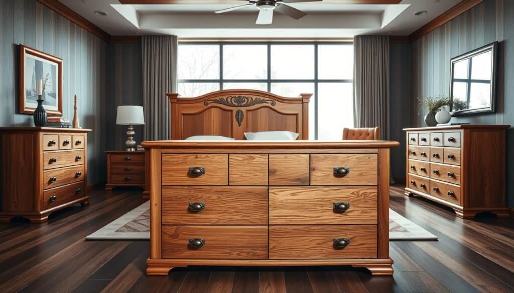 A well-lit, high-quality photograph showcasing a collection of striking wood furniture pieces in a spacious bedroom setting. The centerpiece is a grand, solid oak bed frame with intricate carved details, flanked by a pair of matching wooden nightstands with clean, minimalist lines. In the foreground, a sturdy oak dresser with ample storage drawers takes center stage, its warm, natural grain patterns accentuated by soft, diffused lighting. In the background, a wooden armchair and side table create a cozy reading nook, while a large, floor-to-ceiling window allows natural light to flood the space, enhancing the organic, earthy tones of the wood. The overall scene exudes a sense of timeless sophistication and rustic elegance.