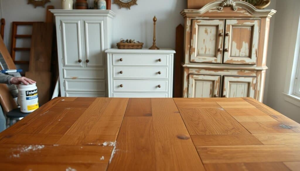 A well-lit, high-quality photograph showcasing a variety of non-sanding furniture refinishing techniques. In the foreground, a wooden table is being rejuvenated using a chemical stripper, the finish peeling away to reveal the natural grain. In the middle ground, a dresser is being painted with a smooth, even coat of chalk paint, no sanding required. In the background, a distressed farmhouse-style cabinet is being transformed with a layered technique of waxes and stains, adding depth and character without removing the original finish. The lighting is soft and diffused, highlighting the textures and colors of the wood. The overall mood is one of DIY inspiration and achievable home décor projects.