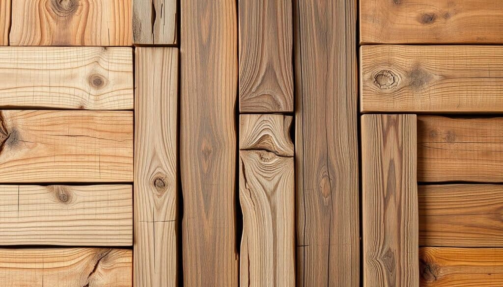 A well-lit, high-resolution close-up photograph of various reclaimed wooden planks, boards, and pieces with natural textures, knots, and imperfections. The wood has a rustic, weathered appearance with a range of warm, earthy tones. The planks are arranged neatly, slightly overlapping, to showcase their unique character and suitability for a DIY wood lamp project. The lighting is soft and diffused, highlighting the grain and character of the wood. The background is clean and uncluttered, allowing the reclaimed wood to be the focal point of the image.