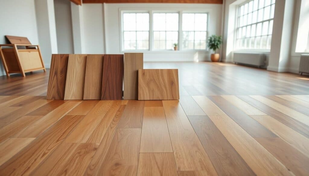 A well-lit, high-resolution image showcasing various wood flooring options for a peaceful, grounded living space. In the foreground, an elegant oak hardwood floor with a warm, natural grain pattern. In the middle ground, a selection of different wood samples - maple, walnut, and cherry - displayed against a clean, minimalist backdrop. The background features a serene, loft-style room with large windows allowing soft, diffused natural light to fill the space. The overall mood is one of tranquility, simplicity, and an appreciation for the beauty of natural materials.