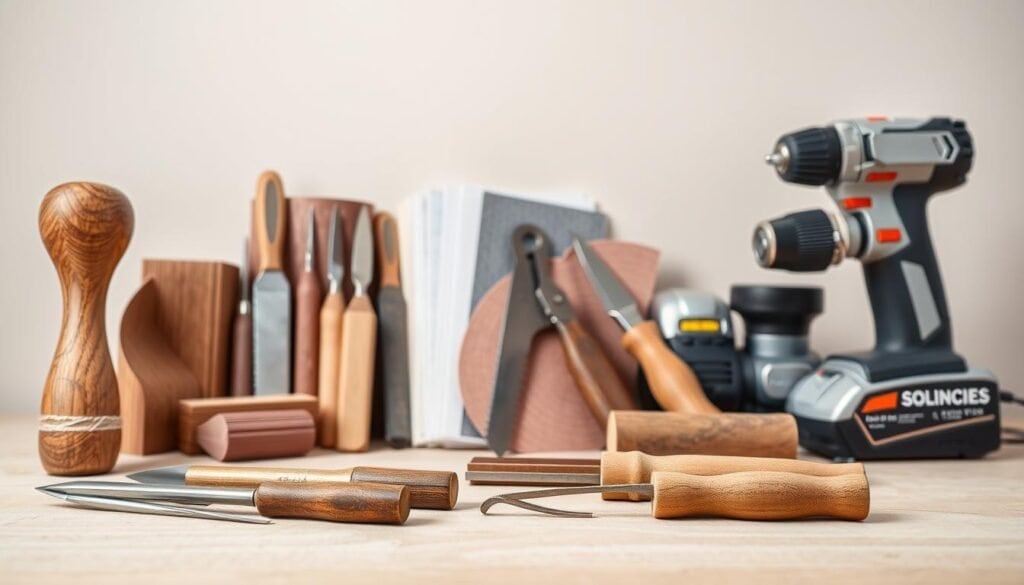 A well-lit, high-resolution photograph of an assortment of essential woodworking tools against a plain, neutral background. In the foreground, a finely crafted woodworking mallet, a set of chisels with razor-sharp edges, and a precision hand saw with a sturdy wooden handle. In the middle ground, a selection of sandpapers in varying grits, a coping saw with a delicate blade, and a small, high-quality file. In the background, a sleek, modern-looking cordless power drill and a compact orbital sander, their metallic surfaces gleaming under the soft, diffused lighting. The tools are arranged neatly, conveying a sense of organization and readiness for a woodworking project.