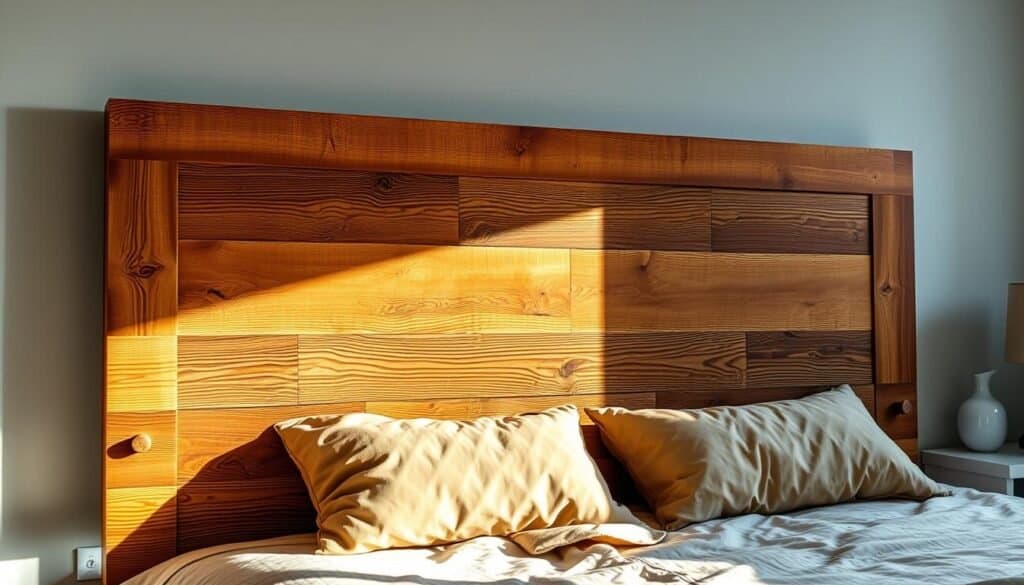 A well-lit, high-resolution photograph showcasing a wooden DIY headboard in a cozy bedroom setting. The headboard is constructed from rich, weathered wooden planks, with a mix of light and dark grains creating an inviting, rustic aesthetic. The camera captures the headboard from a slightly elevated angle, highlighting its sturdy, handcrafted construction and textured surface. The lighting is soft and natural, casting subtle shadows that accentuate the headboard's dimensional details. In the background, a neatly made bed with plush bedding complements the wooden headboard, creating a harmonious, comfortable scene. The overall atmosphere conveys a sense of warmth, functionality, and the satisfaction of a successful DIY project.