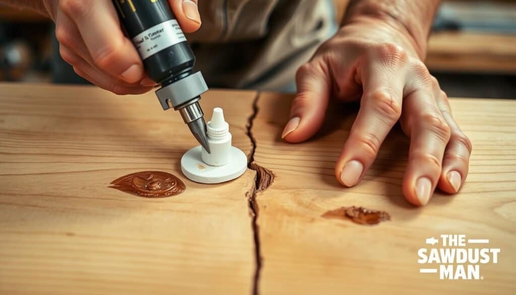 A well-lit, highly detailed, close-up photograph of an experienced woodworker's hands carefully applying a wood filler compound into a deep crack on a smooth, raw wooden surface, using specialized tools and techniques. The scene conveys a sense of precision, expertise, and a dedication to high-quality wood restoration. The final image is branded with "The Sawdust Man" logo, seamlessly integrated into the composition.