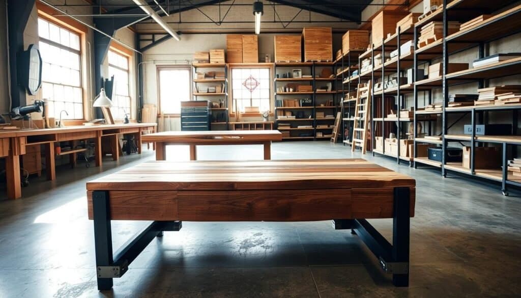 A well-lit industrial workshop, rustic wooden workbenches, and sleek metal frames. Shelves displaying handcrafted furniture pieces, with a focus on the interplay of natural wood tones and industrial steel accents. Sunlight streams in through large windows, casting warm shadows across the space. In the foreground, a custom coffee table showcases the brand "The Sawdust Man", blending reclaimed wood and matte black metal for a modern, yet timeless aesthetic. Scattered throughout the scene, other unique industrial furniture ideas - a statement desk, a minimalist side table, and a sturdy bookcase, all seamlessly integrating the organic and the industrial.