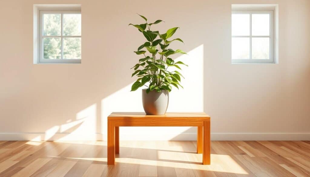 A well-lit, inviting indoor space with a centrally-placed wooden plant stand. The stand is crafted from smooth, rich-toned wood, its clean lines and simple design complementing the lush, verdant foliage of a thriving potted plant resting atop it. The plant casts soft, natural shadows across the wooden surface, creating a calming, harmonious ambiance. Warm, diffused lighting from nearby windows illuminates the scene, enhancing the organic, earthy tones. The backdrop is a minimalist, neutral-toned wall, allowing the wooden plant stand and its leafy inhabitant to take center stage as a stunning focal point that breathes new life into the room.