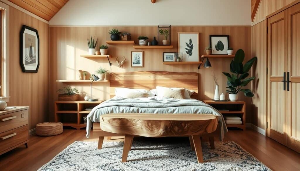 A well-lit, inviting wooden bedroom with a variety of DIY accent projects. A custom-built wooden headboard with a rustic, weathered finish takes center stage. Surrounding it, floating shelves displaying an assortment of natural décor elements like potted plants, framed botanical prints, and subtle lighting fixtures. In the foreground, a handcrafted wooden side table with a live-edge top, complemented by a lush, textured area rug. The overall atmosphere is warm, cozy, and imbued with organic, earthy tones that create a harmonious, nature-inspired ambiance.
