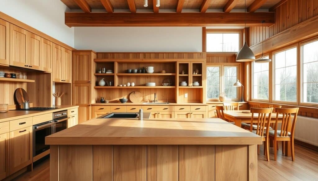 A well-lit kitchen with natural wood elements creating a warm and inviting ambiance. The foreground showcases a wooden kitchen island with a sleek countertop, complemented by a matching wooden dining table and chairs. In the middle ground, wooden wall cabinets and shelves display carefully curated décor pieces. The background features large windows allowing ample natural light to flood the space, highlighting the organic textures and tones of the wooden features. The overall scene exudes a sense of coziness and rustic charm, perfect for inspiring the home cook.