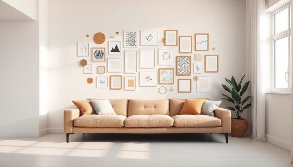 A well-lit living room with a smooth, white wall in the foreground. On the wall, an array of temporary wall decor elements artfully arranged - a mix of peel-and-stick geometric shapes, minimalist line art prints, and decorative sticker frames. The decor creates a cohesive, modern pattern that adds visual interest and personality to the space. Soft, diffused natural lighting from windows casts a warm, inviting glow. The overall scene conveys a sense of effortless, no-commitment transformation that breathes new life into the room.