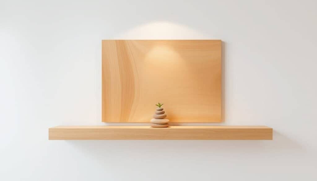 A well-lit, modern wood accent piece that evokes a sense of mental clarity and focus. The foreground features a minimalist, rectangular wooden shelf or wall-mounted panel with a smooth, natural grain texture. Soft, warm lighting from above casts a gentle glow, creating a calming ambiance. The middle ground showcases a sparse, minimalist arrangement of simple, organic décor elements like a small potted plant or a single, artfully placed stone. The background is a clean, uncluttered space with neutral tones, allowing the wood accent to take center stage and promote a feeling of mental tranquility.