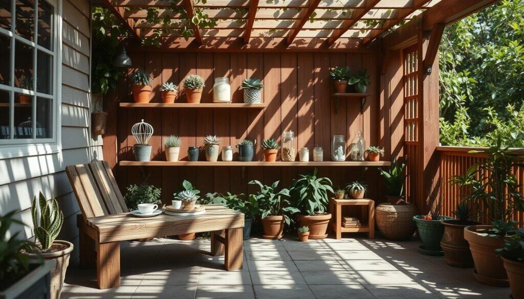 A well-lit patio corner filled with an array of DIY wood scrap projects. In the foreground, a rustic bench assembled from repurposed planks, its weathered texture adding character. In the middle ground, a set of wall-mounted shelves displaying an eclectic collection of potted succulents, mason jars, and other upcycled decor items. The background features a backdrop of lush greenery, with a wooden trellis or pergola casting dappled shadows across the scene. The overall mood is one of warm, natural charm, inviting the viewer to imagine the cozy, personalized outdoor living space.