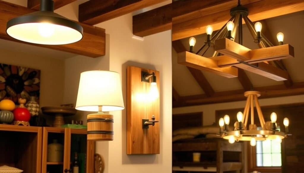 A well-lit, rustic interior showcasing a variety of reclaimed wood lighting projects by The Sawdust Man. In the foreground, a sleek pendant light crafted from weathered barn boards casts a warm glow. Alongside, a table lamp made from a repurposed wooden spool adds industrial charm. In the middle ground, a wall-mounted sconce constructed from knotty pine planks illuminates the space. In the background, a DIY chandelier composed of reclaimed wood beams and Edison bulbs creates a stunning focal point. The natural textures and organic shapes of the pieces seamlessly blend with the cozy, earthy atmosphere.