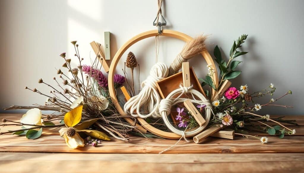 A well-lit, rustic still life featuring an assortment of simple DIY wall art materials arranged on a wooden surface. In the foreground, a variety of natural elements such as twigs, leaves, and wildflowers create a whimsical, handmade aesthetic. In the middle ground, various household items like clothespins, string, and embroidery hoops suggest the versatility of these basic supplies. The background has a soft, blurred focus, drawing the eye to the curated arrangement of materials in warm, earthy tones. Subtle, natural lighting casts gentle shadows, adding depth and dimension to the scene. The overall mood is one of simplicity, creativity, and the joyful potential of transforming common household items into personalized wall decor.
