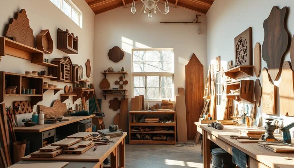 A well-lit, spacious home workshop with a variety of DIY wood accent projects in various stages of completion. Intricate wooden shelves, organizers, and decorative panels adorn the walls, each showcasing a unique grain pattern and artisanal finish. Sunlight streams in through large windows, casting warm, natural shadows and highlights on the projects. Workbenches are scattered with tools, wood scraps, and finishing supplies, creating a sense of industrious creativity. The atmosphere is one of focused, thoughtful craftsmanship, inviting the viewer to imagine the satisfying process of designing and building these functional yet stylish wooden accents.