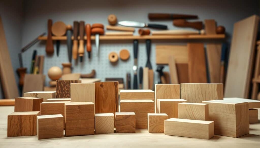 A well-lit studio scene showcasing a variety of different types of wood suitable for beginner woodworking projects. The foreground features several small wood blocks or workpieces, each made from a distinct type of wood such as oak, maple, pine, and birch, arranged in an organized manner. The middle ground displays an assortment of woodworking tools like chisels, sandpaper, and carving knives, highlighting the essential equipment needed for these projects. The background subtly suggests a workshop environment, with a neutral color palette and minimal distractions to keep the focus on the featured wood samples. The overall mood is one of simplicity, clarity, and approachability, suitable for a beginner's guide to selecting the right wood for their first carving or shaping project.