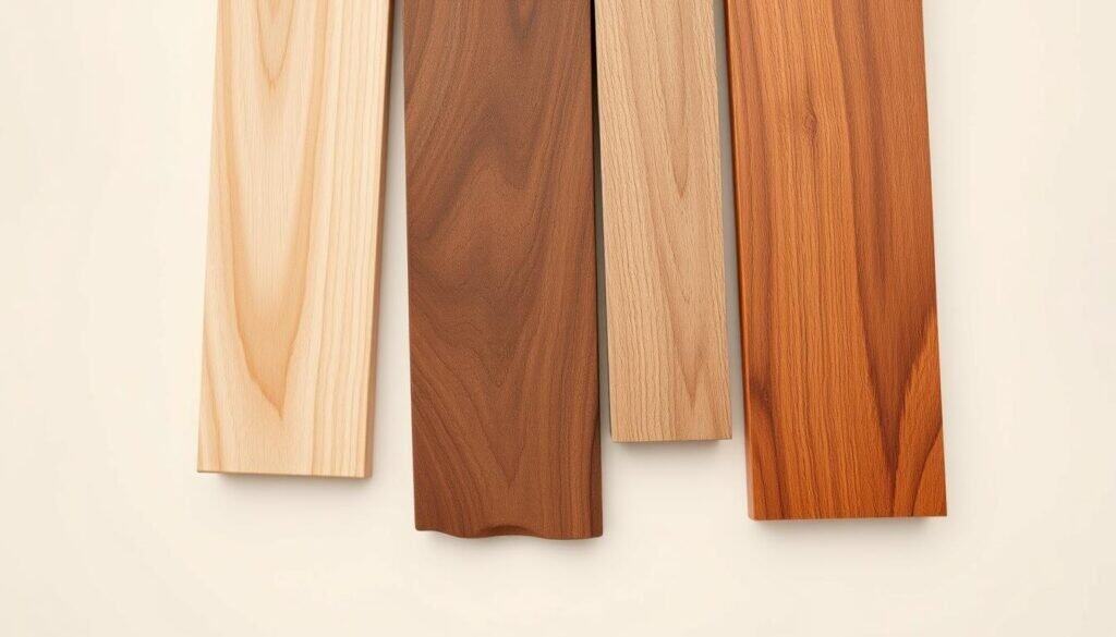 A well-lit studio shot of various wood samples for kitchen accents, including oak, maple, walnut, and cherry. The pieces are arranged on a clean, neutral background, showcasing the natural grain, color, and texture of each wood type. Soft, directional lighting highlights the details and brings out the warmth and richness of the materials. The composition features a balanced mix of close-up and angled views, allowing viewers to appreciate the unique characteristics of each wood species. The overall mood is elegant, sophisticated, and inspiring, inviting the viewer to imagine the possibilities for incorporating these natural elements into a kitchen design.
