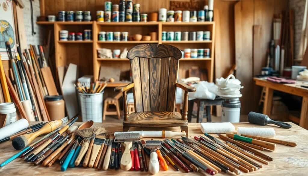 A well-lit wood workshop with a variety of painting tools and techniques on display. In the foreground, an array of paint brushes, rollers, and sponges lay neatly arranged. The middle ground showcases an artfully painted wooden chair, the surface adorned with intricate brush strokes and a lustrous finish. In the background, shelves hold an assortment of paint cans, varnishes, and other refinishing supplies. Warm, natural lighting illuminates the scene, creating a serene and inviting atmosphere for the "no-sand painting" techniques.