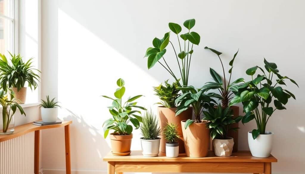 A well-lit wooden plant stand with several potted plants of varying sizes and shapes, their lush greenery contrasting against the warm, natural tones of the wood. The stand is placed near a large window, allowing natural sunlight to filter in and cast soft, diffused lighting across the scene. The wooden surfaces have a clean, minimalist finish, accentuating the organic beauty of the materials. In the background, a simple, white wall provides a clean, uncluttered backdrop, highlighting the harmonious interplay of the plants and the wooden décor.