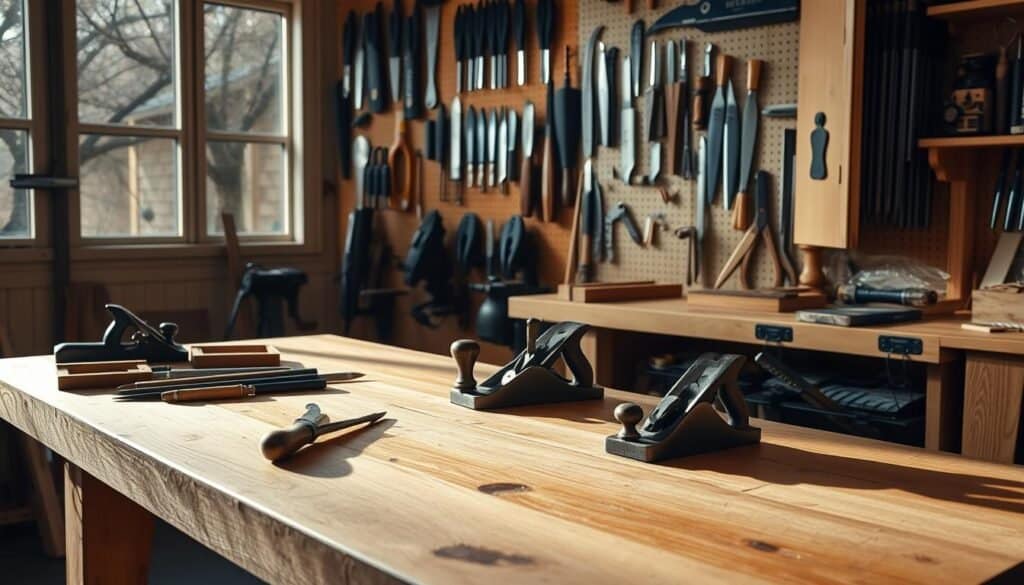 A well-lit woodshop interior, with a sturdy workbench in the foreground. On the bench, an assortment of hand tools - chisels, planes, saws - neatly arranged and maintained. Soft shadows cast by the tools, suggesting careful handling and a thoughtful approach to preservation. In the middle ground, a pegboard displays a variety of blades, bits, and other implements, each protected by a custom-fitted cover or sheath. The background features a wall-mounted tool cabinet, its doors partially open to reveal the organized storage of additional high-quality tools. The overall scene conveys a sense of pride, craftsmanship, and a commitment to keeping equipment in optimal condition for years of reliable use.