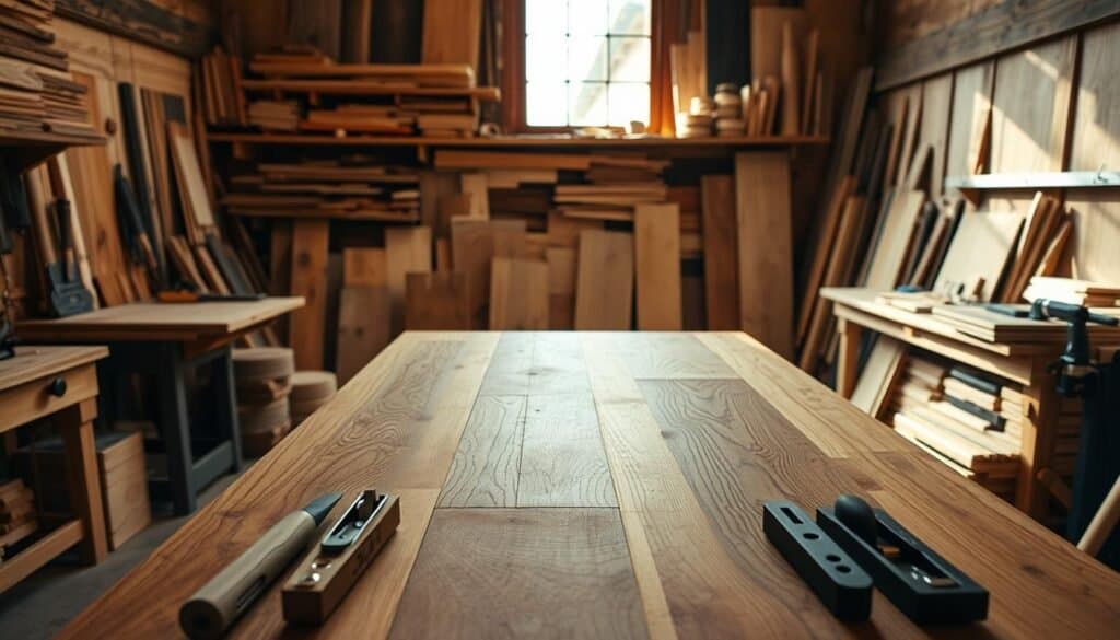 A well-lit workshop filled with a variety of wood tones, including rich walnut, warm oak, and light pine. The focal point is a handcrafted wooden table, its surface a harmonious blend of contrasting grains. In the foreground, The Sawdust Man's tools – chisels, planes, and sanders – are neatly arranged, hinting at the skilled craftsmanship behind the scene. The middle ground showcases a collection of wood samples, each offering a unique texture and hue. In the background, a large window allows natural light to cascade through, accentuating the depth and nuance of the mixed wood tones. The overall atmosphere is one of artistry, creativity, and the timeless appeal of natural materials.