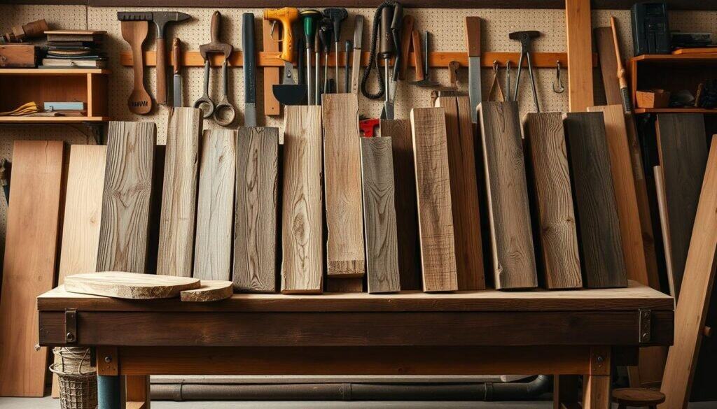 A well-lit workshop interior with an assortment of reclaimed wooden planks, beams, and boards of varying textures and tones neatly arranged on a sturdy workbench. Intricate patterns of wood grain and natural imperfections are visible. In the background, a collection of basic woodworking tools - saws, sanders, chisels - hang on the wall, suggesting the potential to transform these raw materials into unique DIY projects. Soft, warm lighting casts gentle shadows, creating depth and highlighting the rustic, earthy aesthetic. The overall scene conveys a sense of creative possibility, inviting the viewer to imagine the diverse range of functional and decorative objects that could be crafted from these humble, reclaimed wood scraps.