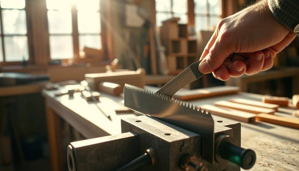A well-lit workshop scene, a sturdy workbench with a vise holding a metal saw blade. A skilled hand operates a precision file, meticulously sharpening the blade's teeth at an acute angle. Sunlight filters through windows, casting warm shadows across the scene. The blade's surface gleams as the file passes over it, revealing a razor-sharp edge. Surrounding the workbench are various woodworking tools, hinting at the diverse projects this workshop enables. The overall atmosphere conveys a sense of focus, craftsmanship, and the satisfaction of maintaining one's tools for years of use.